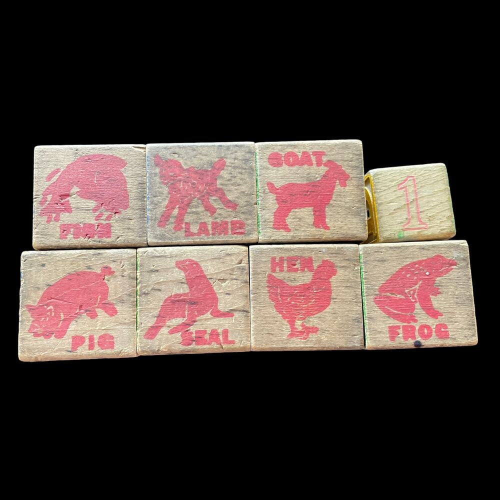 Antique Wooden Alphabet Blocks Primitive ABC Animals Vintage Child Toy